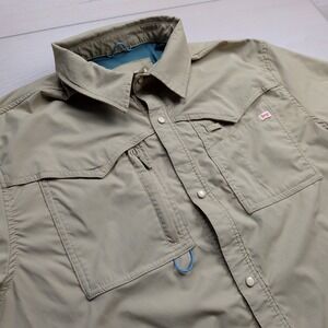 Seager El Pescador Fishing Shirt Mens M Khaki Pearl Snap Zip Pocket Short Sleeve